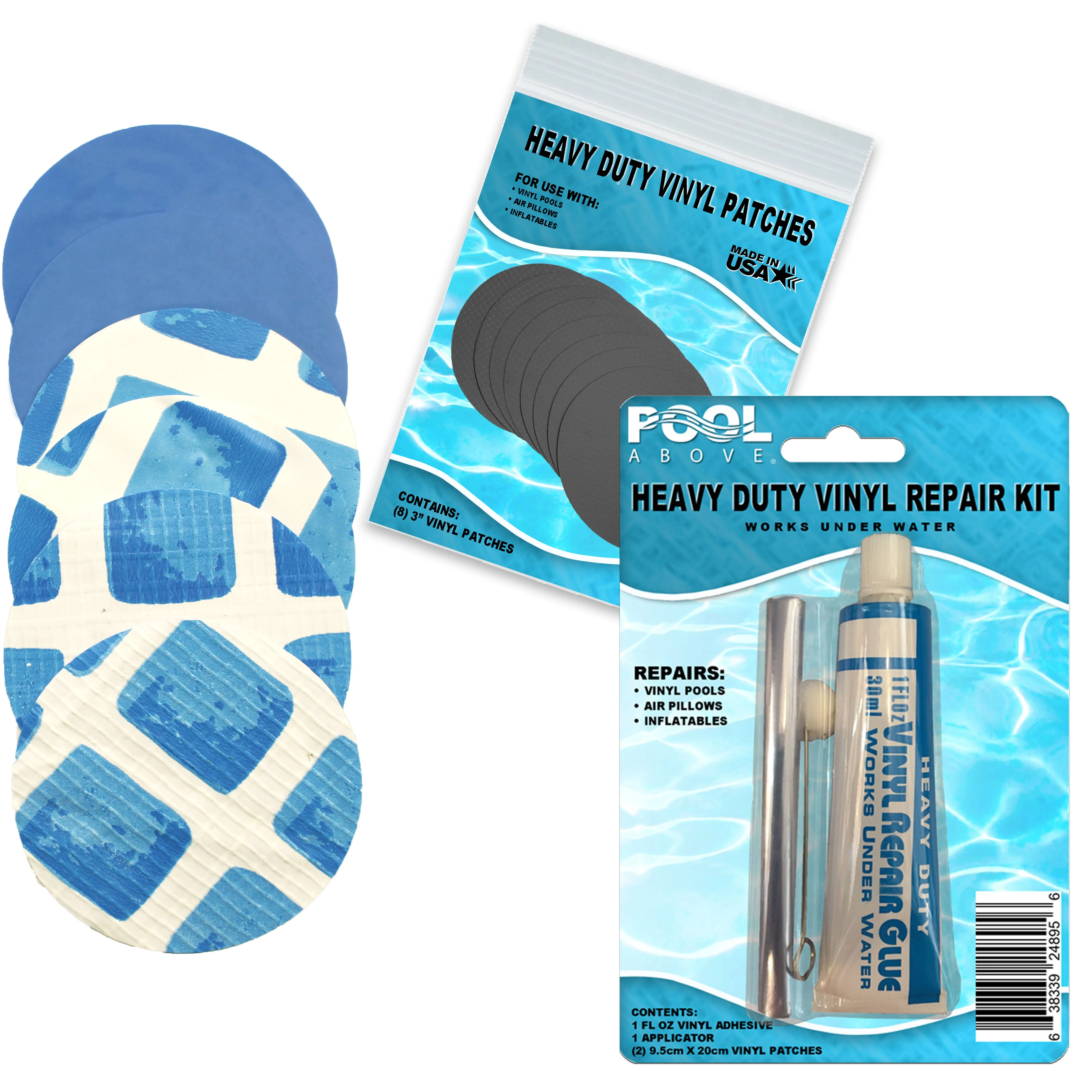 All-in-One Repair Kit for Above-Ground Pools | Fast, Underwater-Capable Peel-and-Stick OR Adhesive Glue-Down Vinyl Patches & for Easy Set and Frame Pools