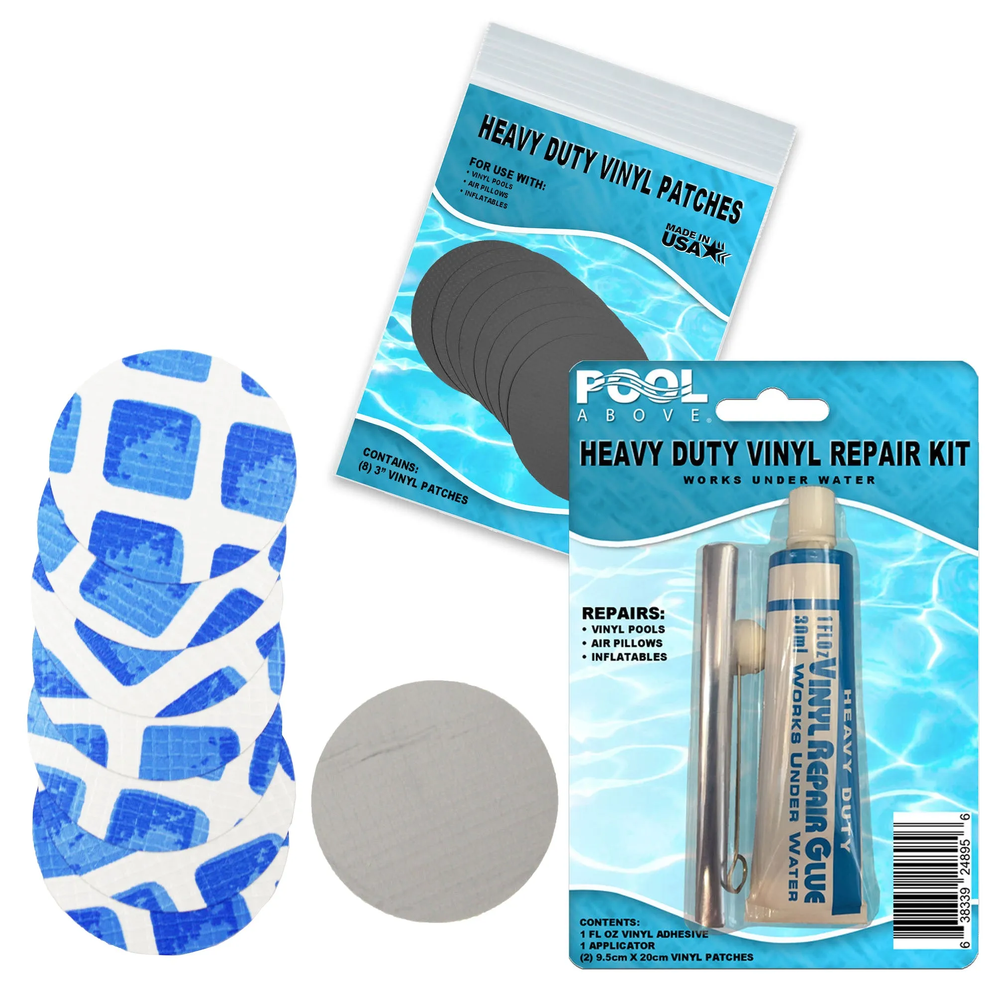 All-in-One Repair Kit for Above-Ground Pools | Fast, Underwater-Capable Peel-and-Stick OR Adhesive Glue-Down Vinyl Patches & for Easy Set and Frame Pools