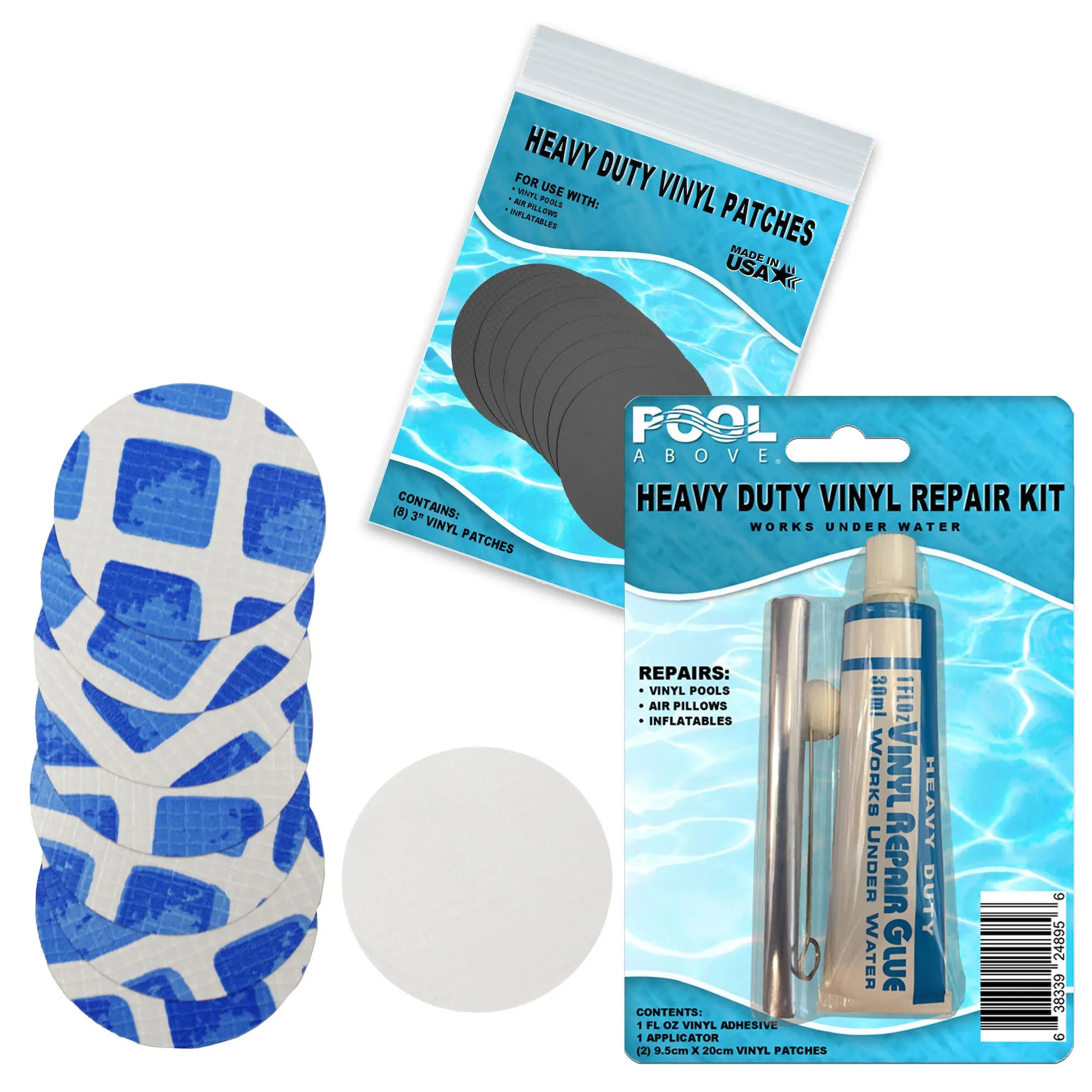 All-in-One Repair Kit for Above-Ground Pools | Fast, Underwater-Capable Peel-and-Stick OR Adhesive Glue-Down Vinyl Patches & for Easy Set and Frame Pools