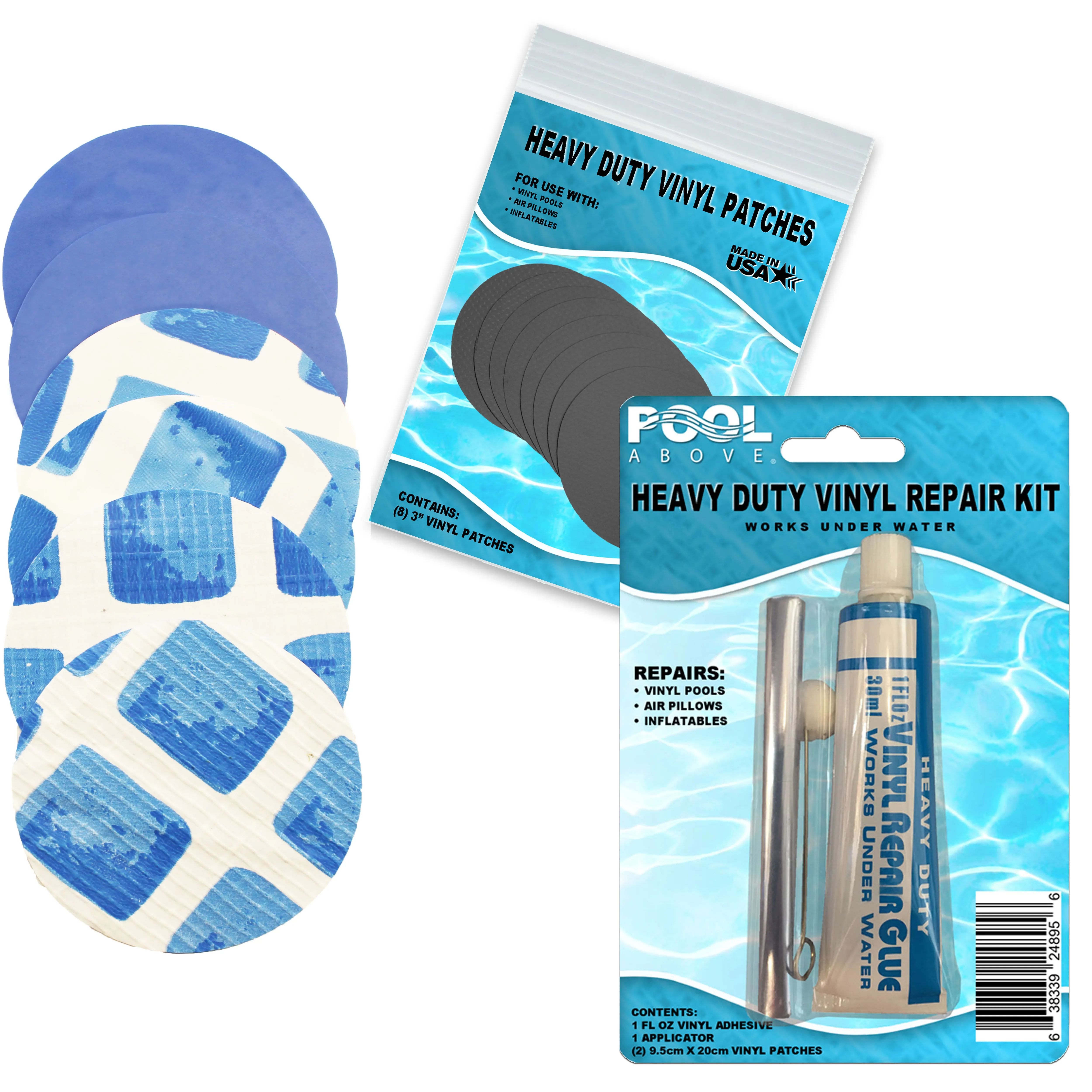 All-in-One Repair Kit for Above-Ground Pools | Fast, Underwater-Capable Peel-and-Stick OR Adhesive Glue-Down Vinyl Patches & for Easy Set and Frame Pools