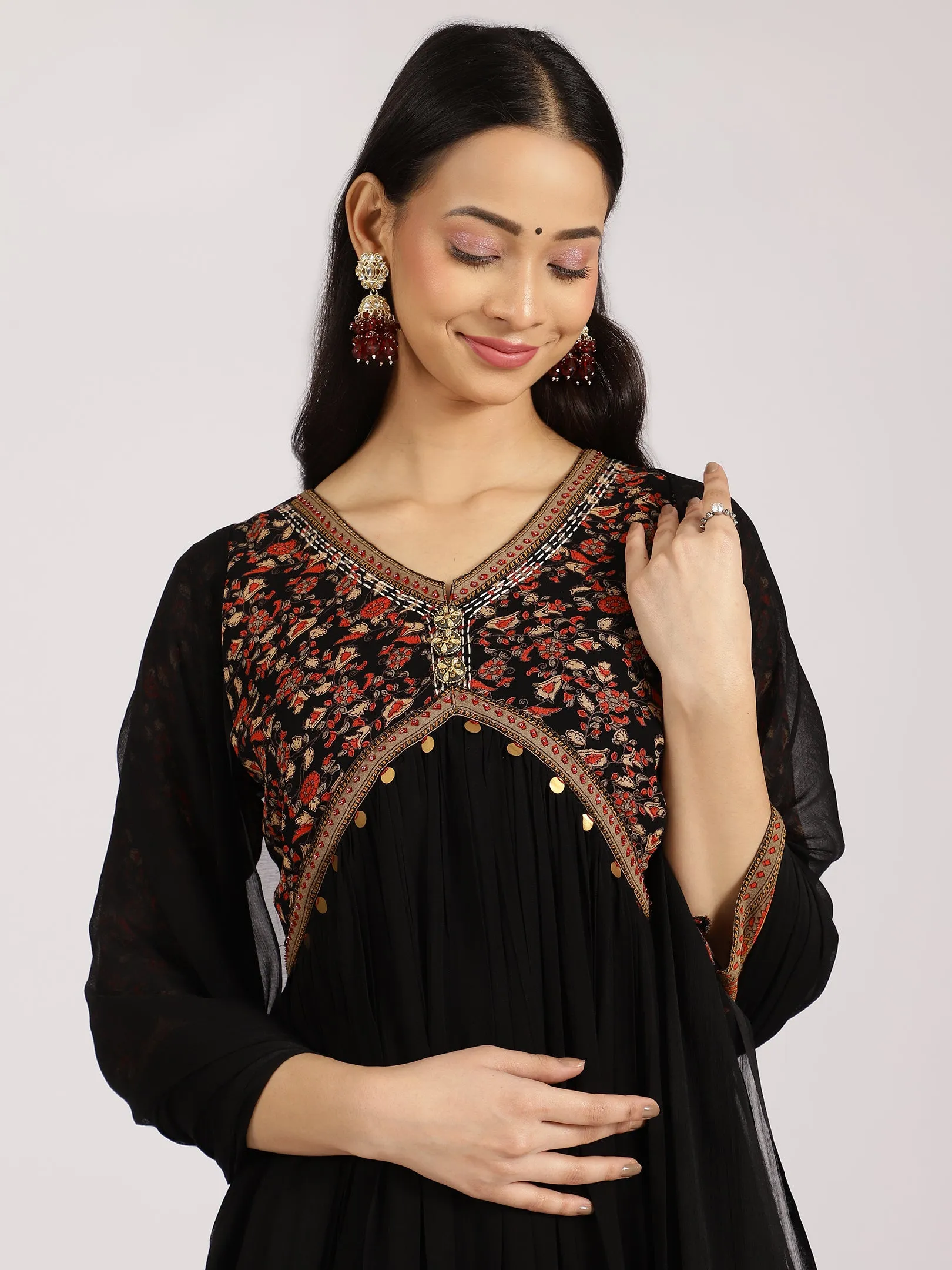 Black Floral Yoke Anarkali Gown with Embellished Details