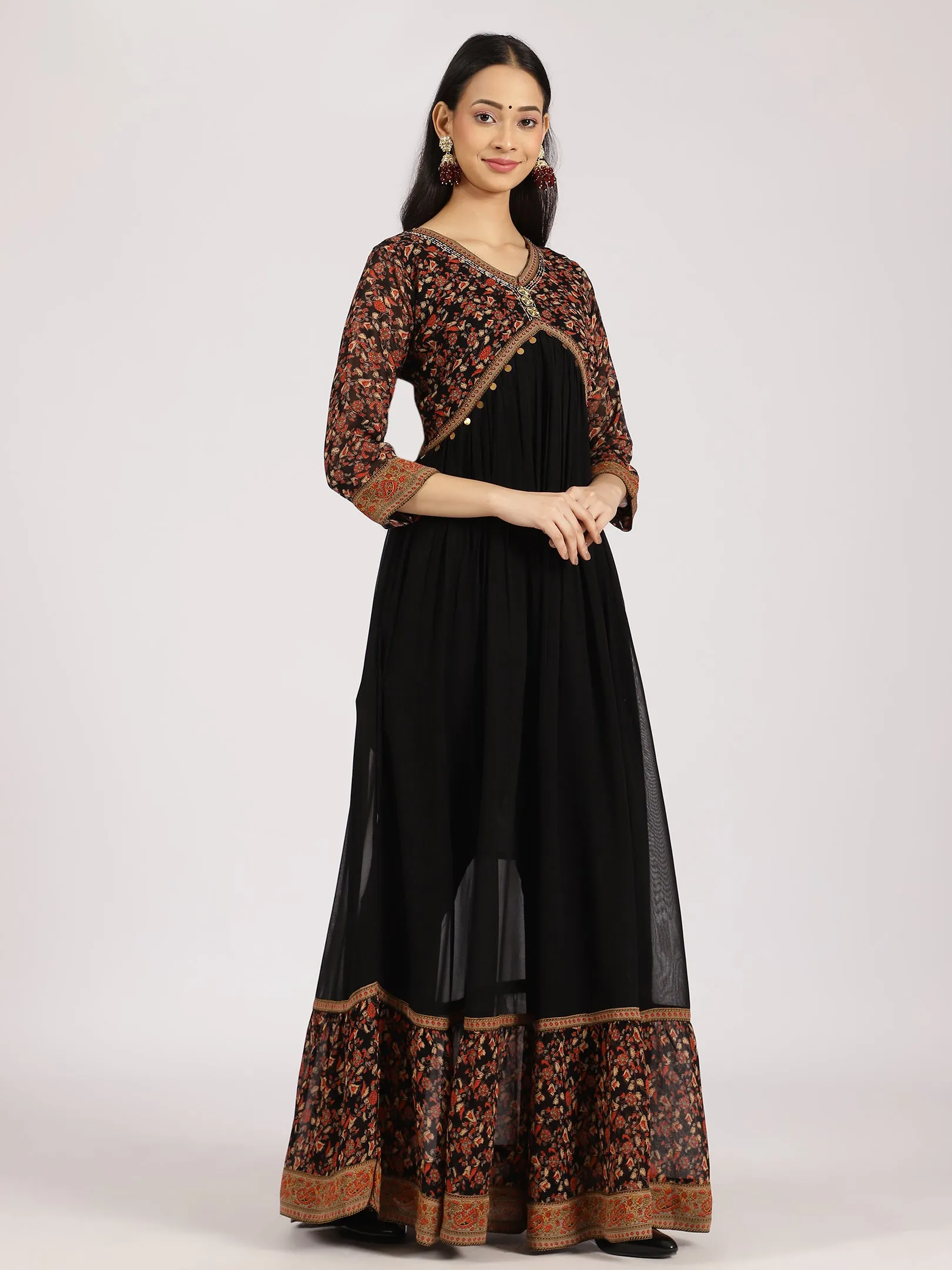 Black Floral Yoke Anarkali Gown with Embellished Details