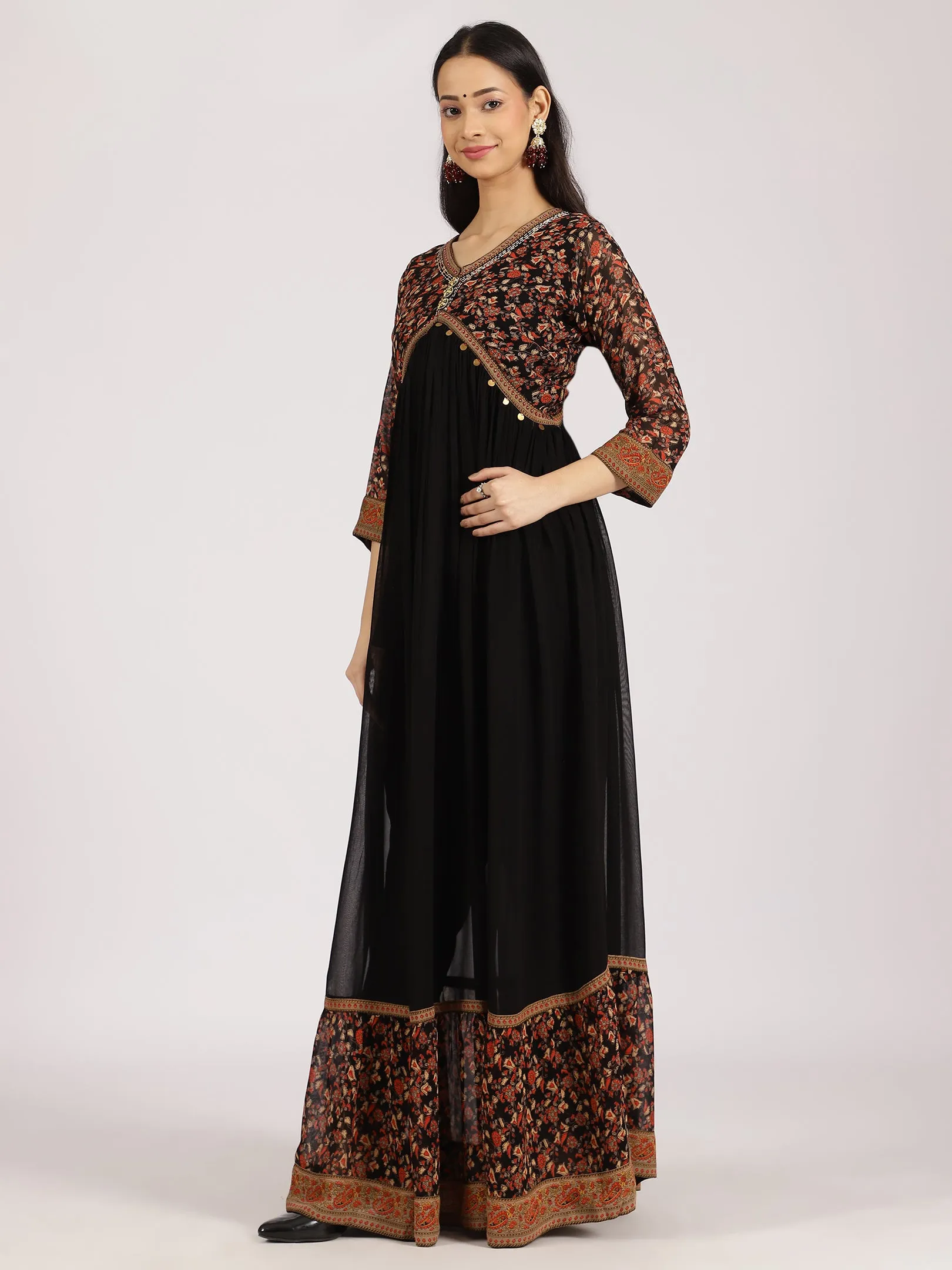 Black Floral Yoke Anarkali Gown with Embellished Details