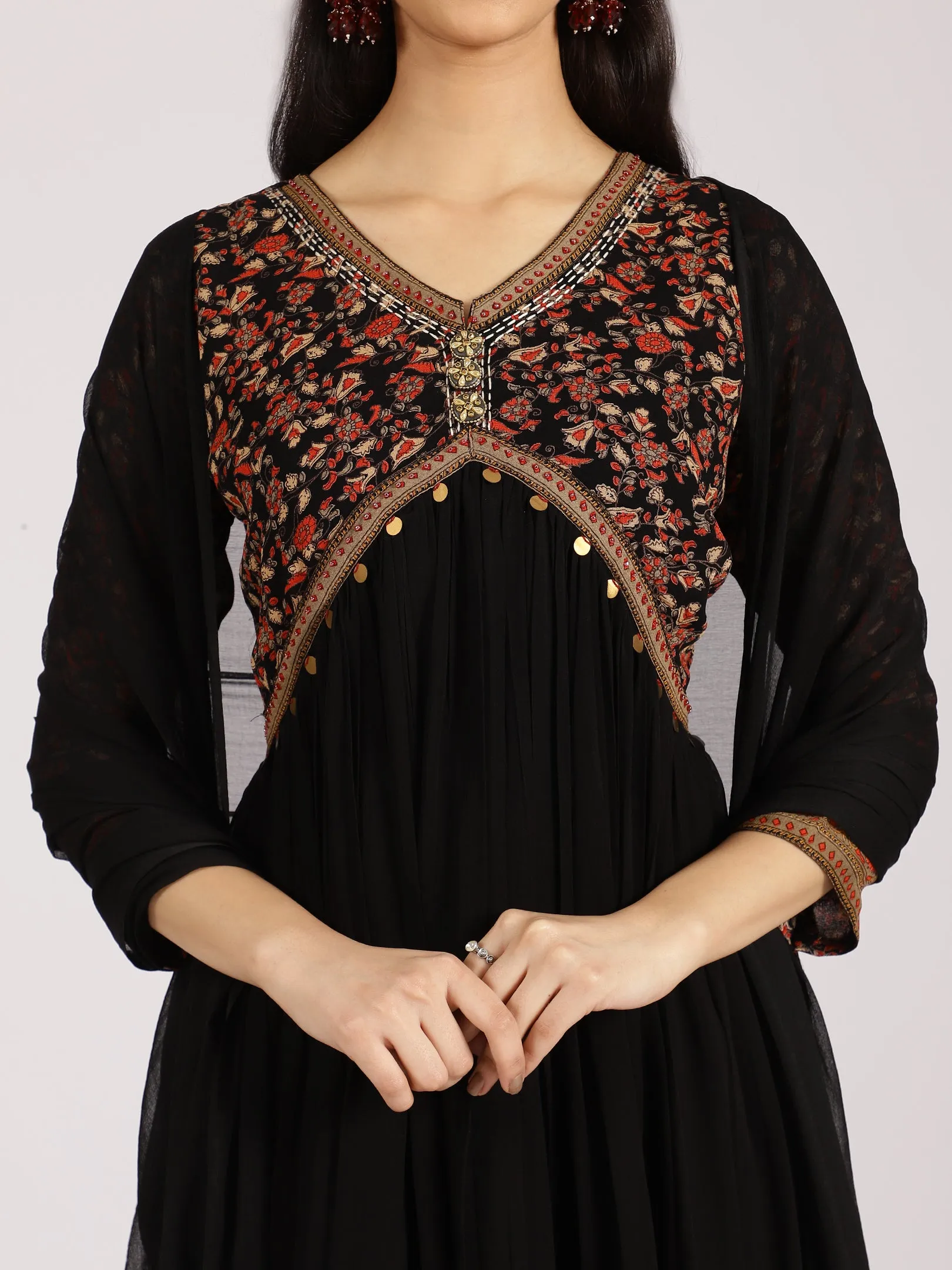 Black Floral Yoke Anarkali Gown with Embellished Details