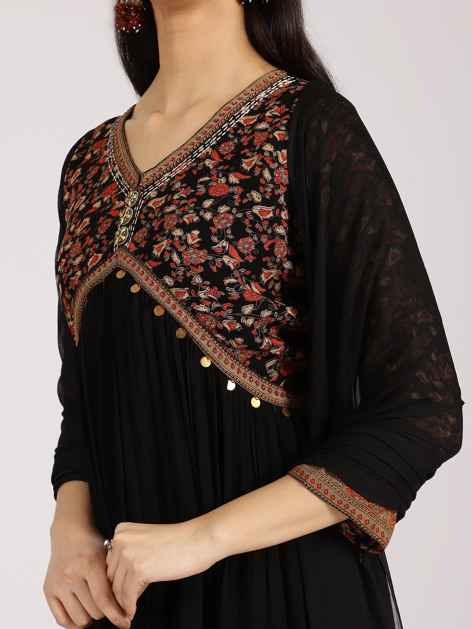 Black Floral Yoke Anarkali Gown with Embellished Details