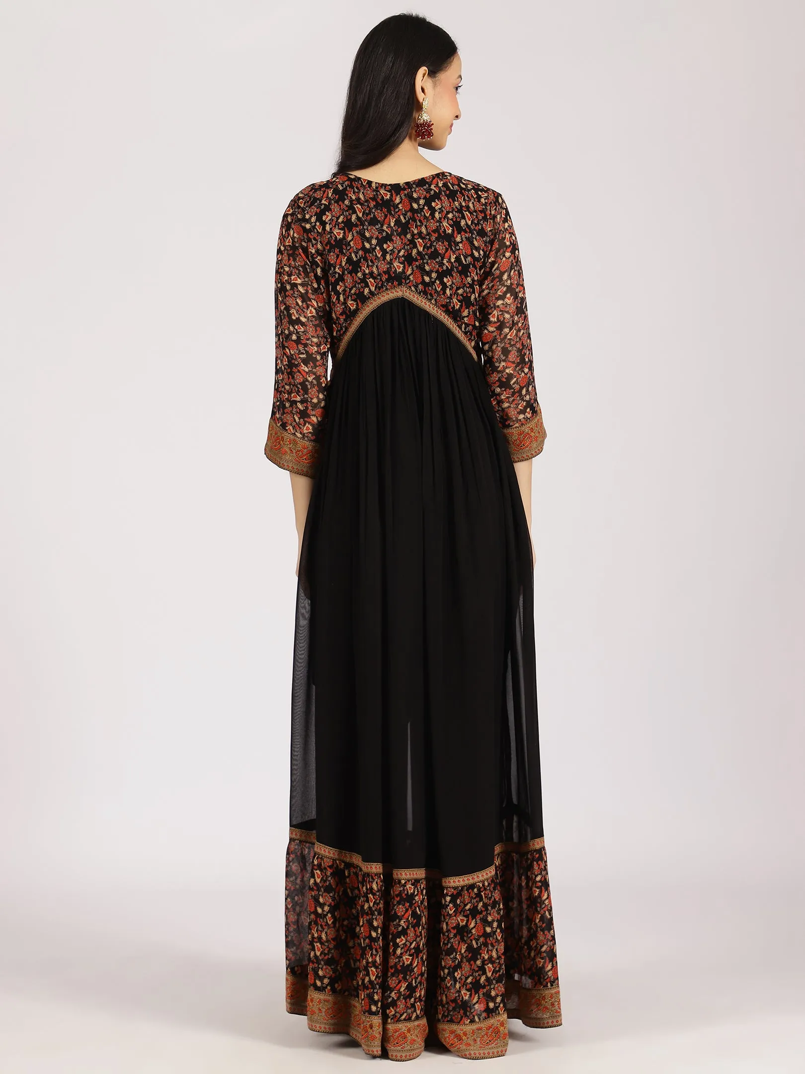 Black Floral Yoke Anarkali Gown with Embellished Details