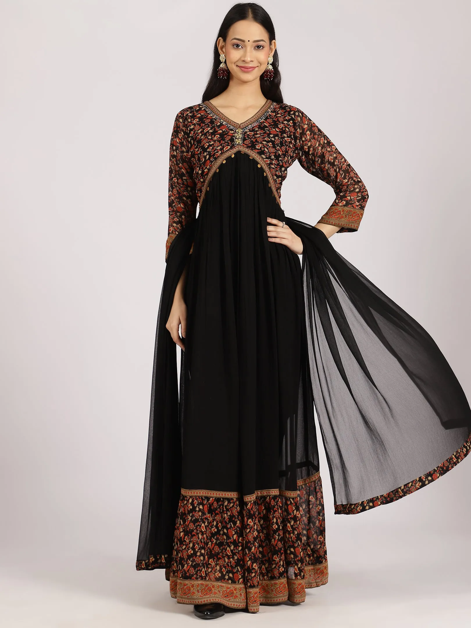Black Floral Yoke Anarkali Gown with Embellished Details
