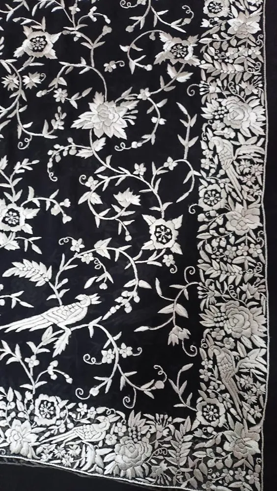 Black Hand Embroidered Parsi Gara Pure Georgette Floral And Bird Design Saree