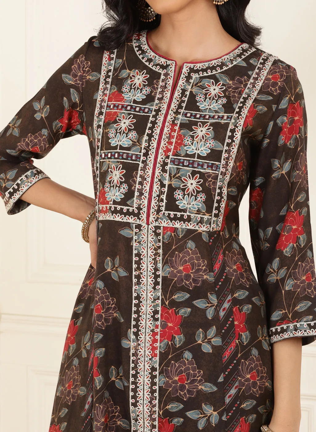 Brown Floral Printed Kurta Set