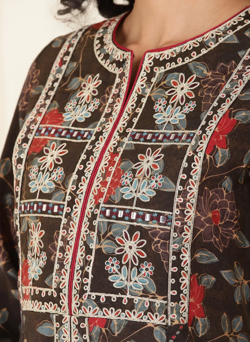 Brown Floral Printed Kurta Set