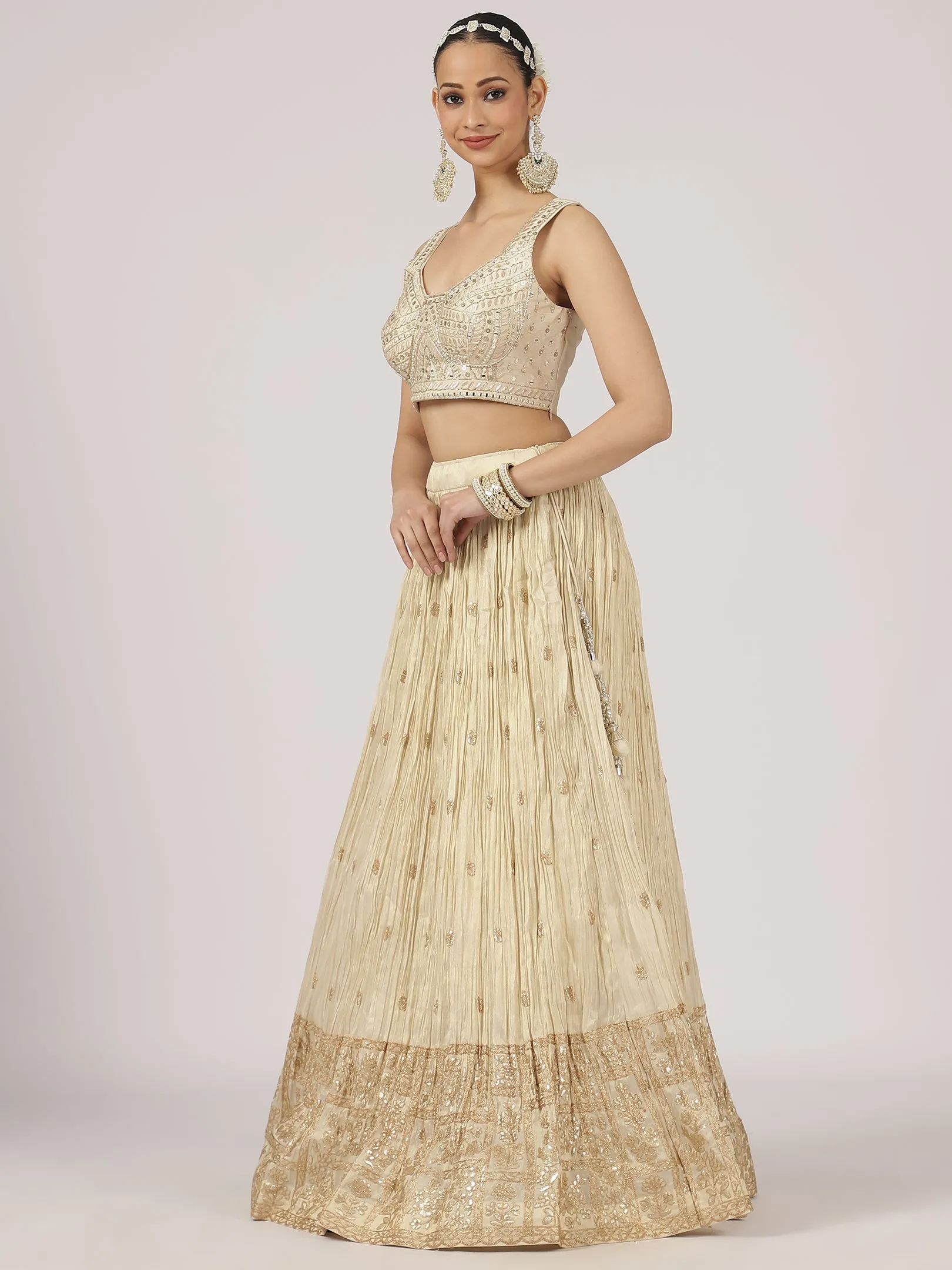 Cream Gold Lehenga Set with Purple Banarasi Dupatta