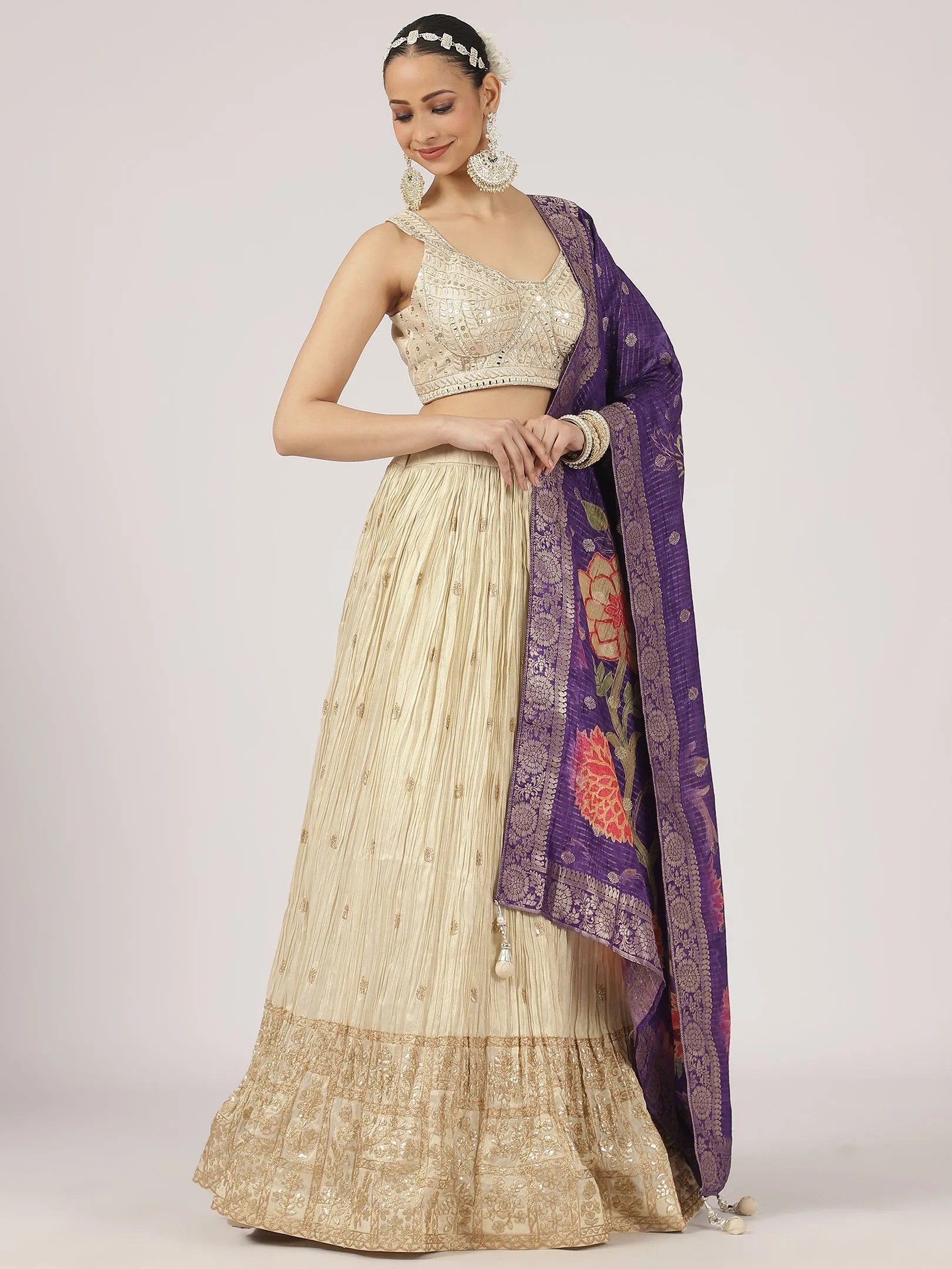 Cream Gold Lehenga Set with Purple Banarasi Dupatta
