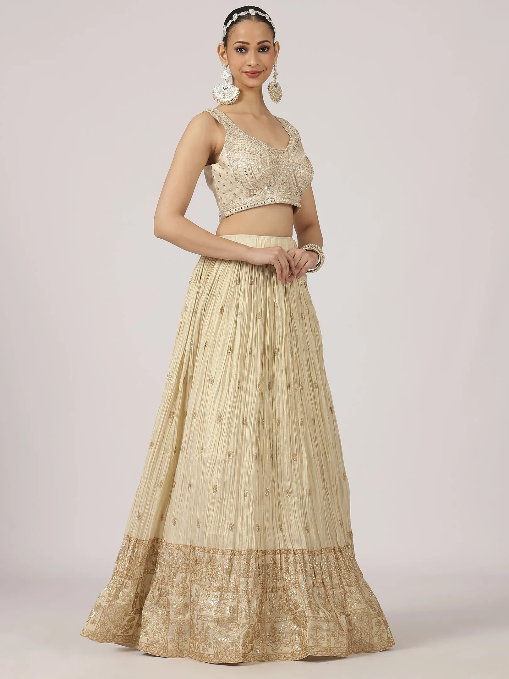 Cream Gold Lehenga Set with Purple Banarasi Dupatta