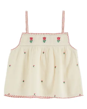 Cross Stitch Tulips Strap Top in Ecru