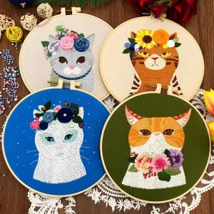 DIY Cat Embroidery Starter Kit with Hoops & Threads for Beginners