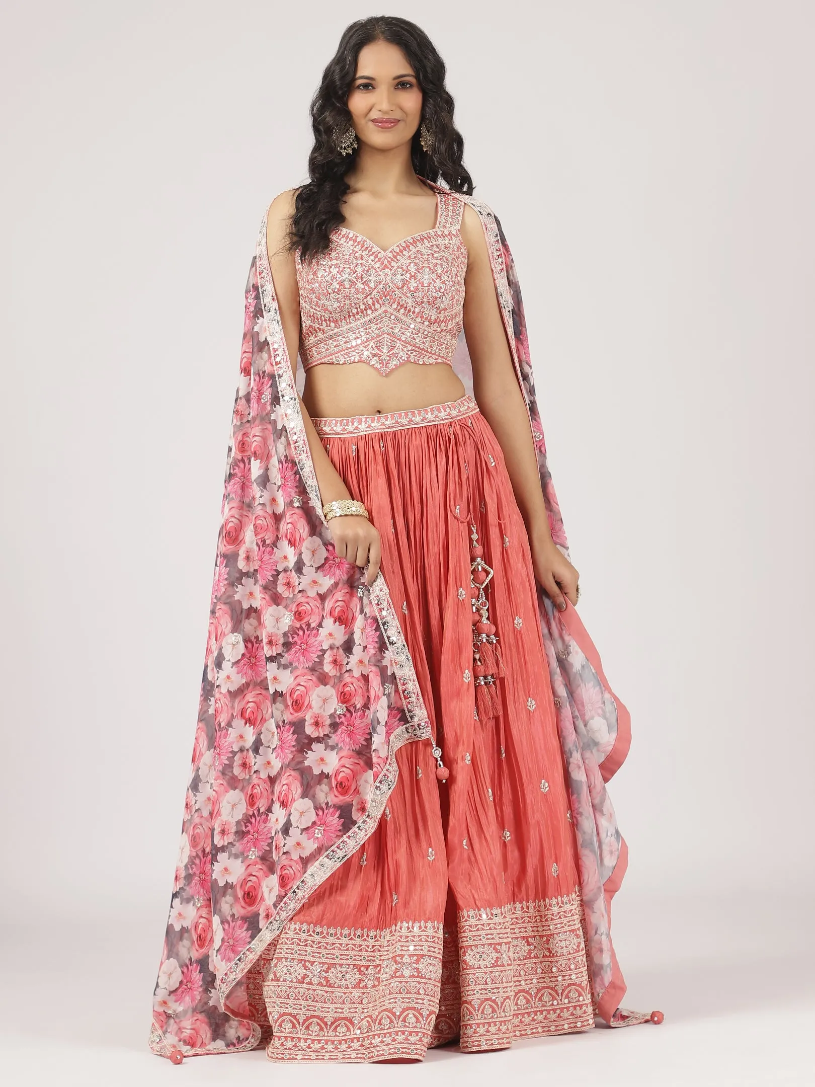 Elegant Peach Raw Silk Lehenga with Sequin Embroidered Blouse