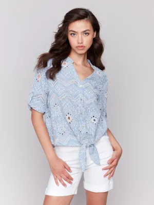 Eyelet Embroidery Cotton Blouse - Bluebell