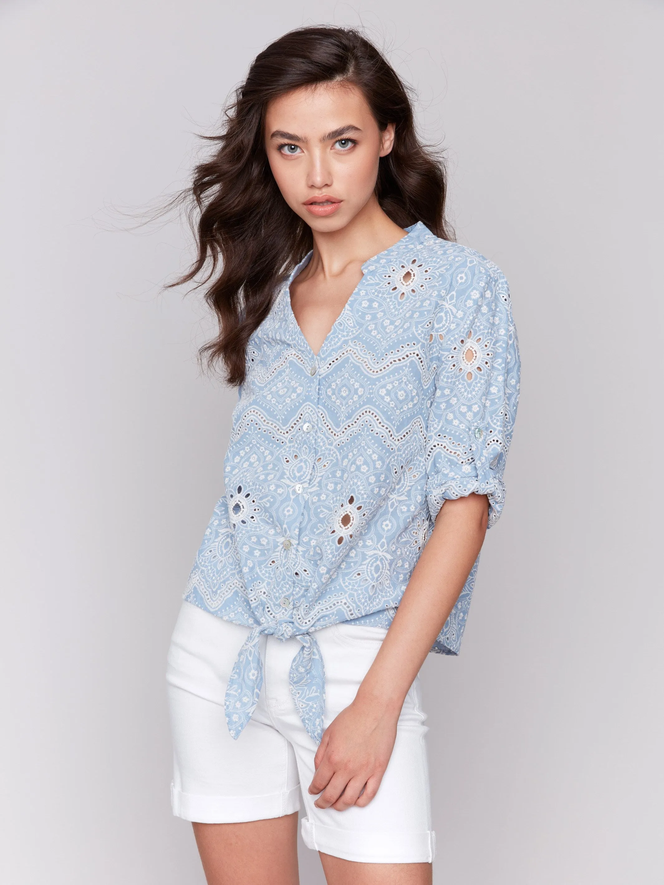 Eyelet Embroidery Cotton Blouse - Bluebell