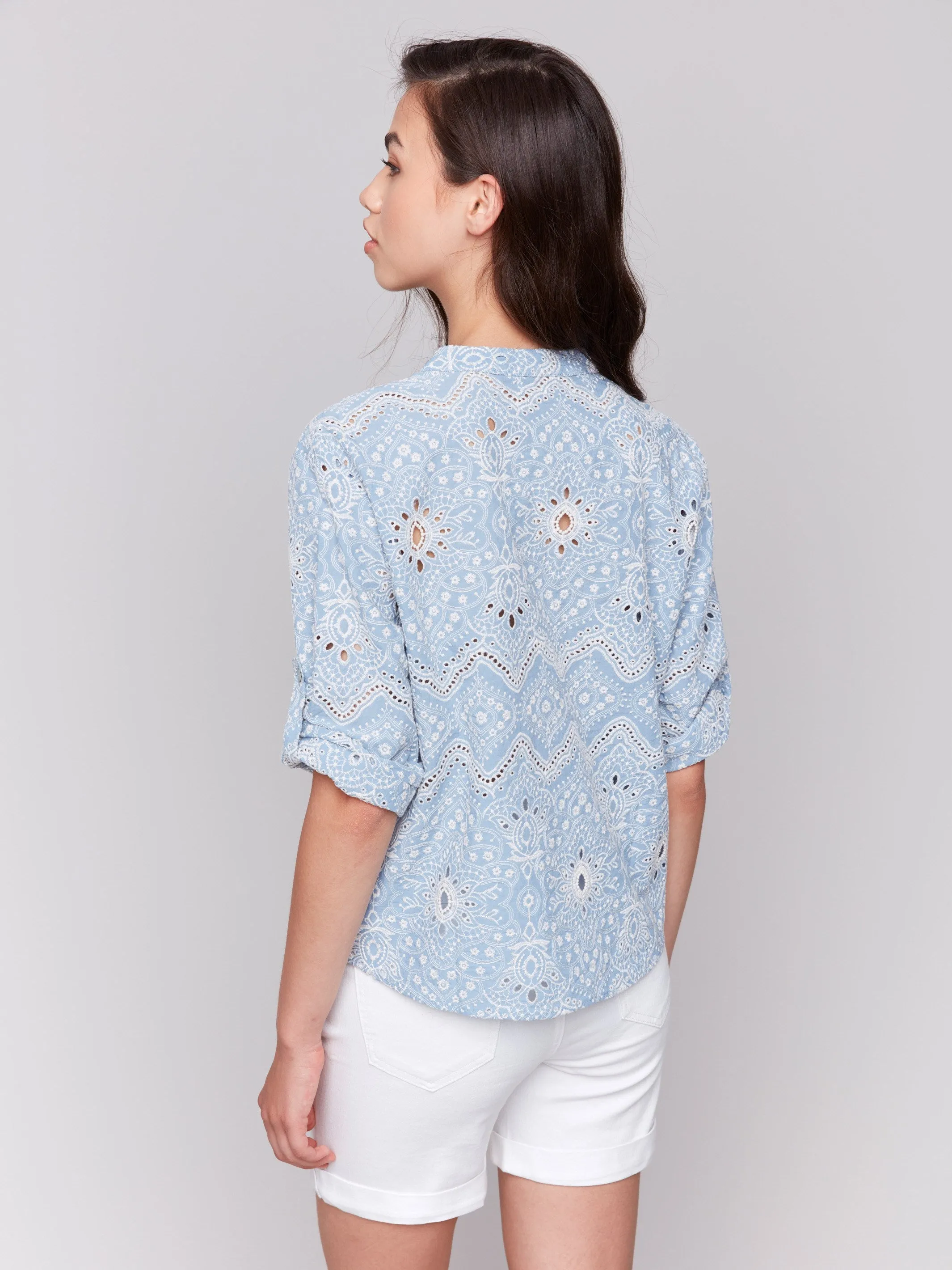 Eyelet Embroidery Cotton Blouse - Bluebell