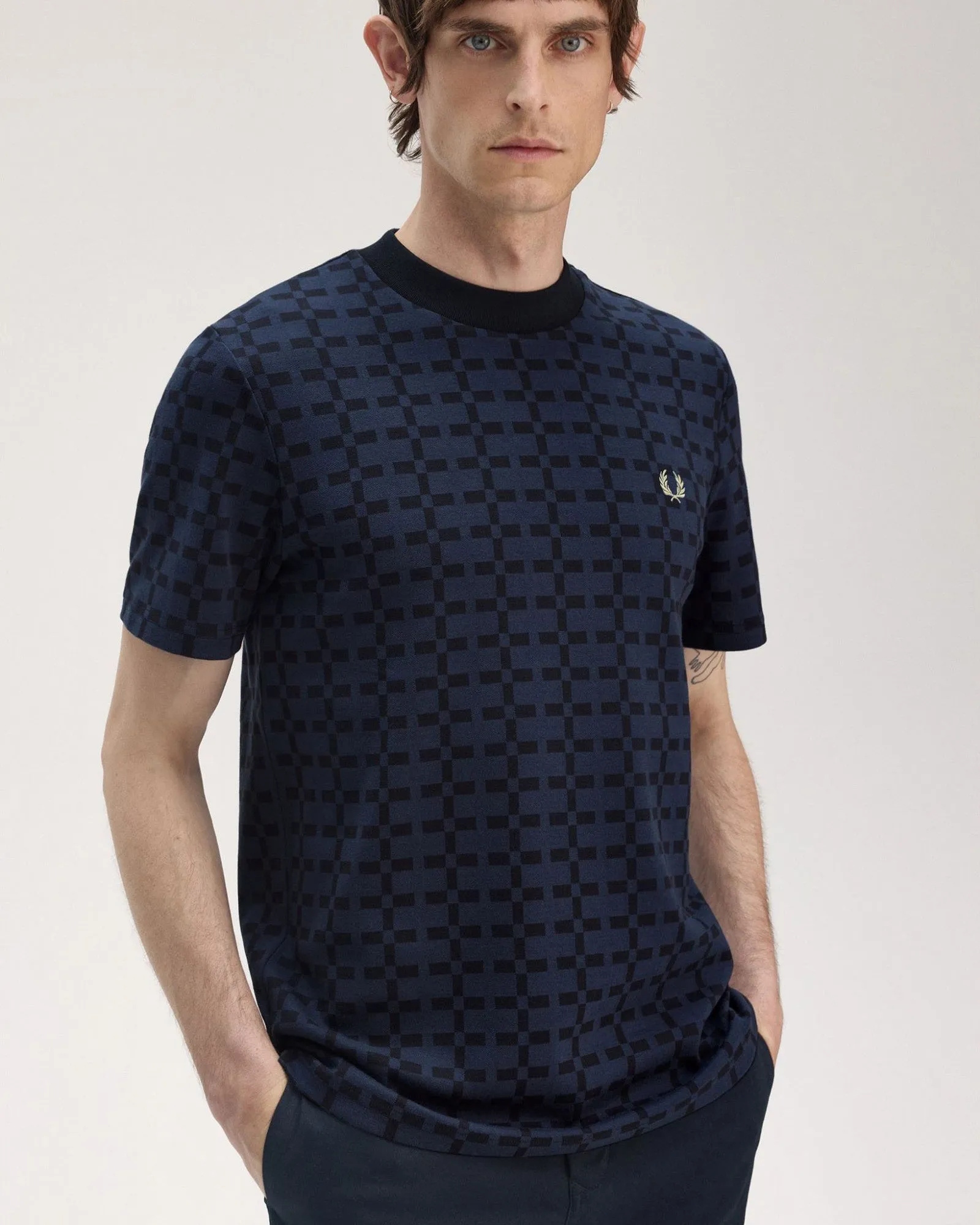 Fred Perry Geometric Jacquard T Shirt - Navy