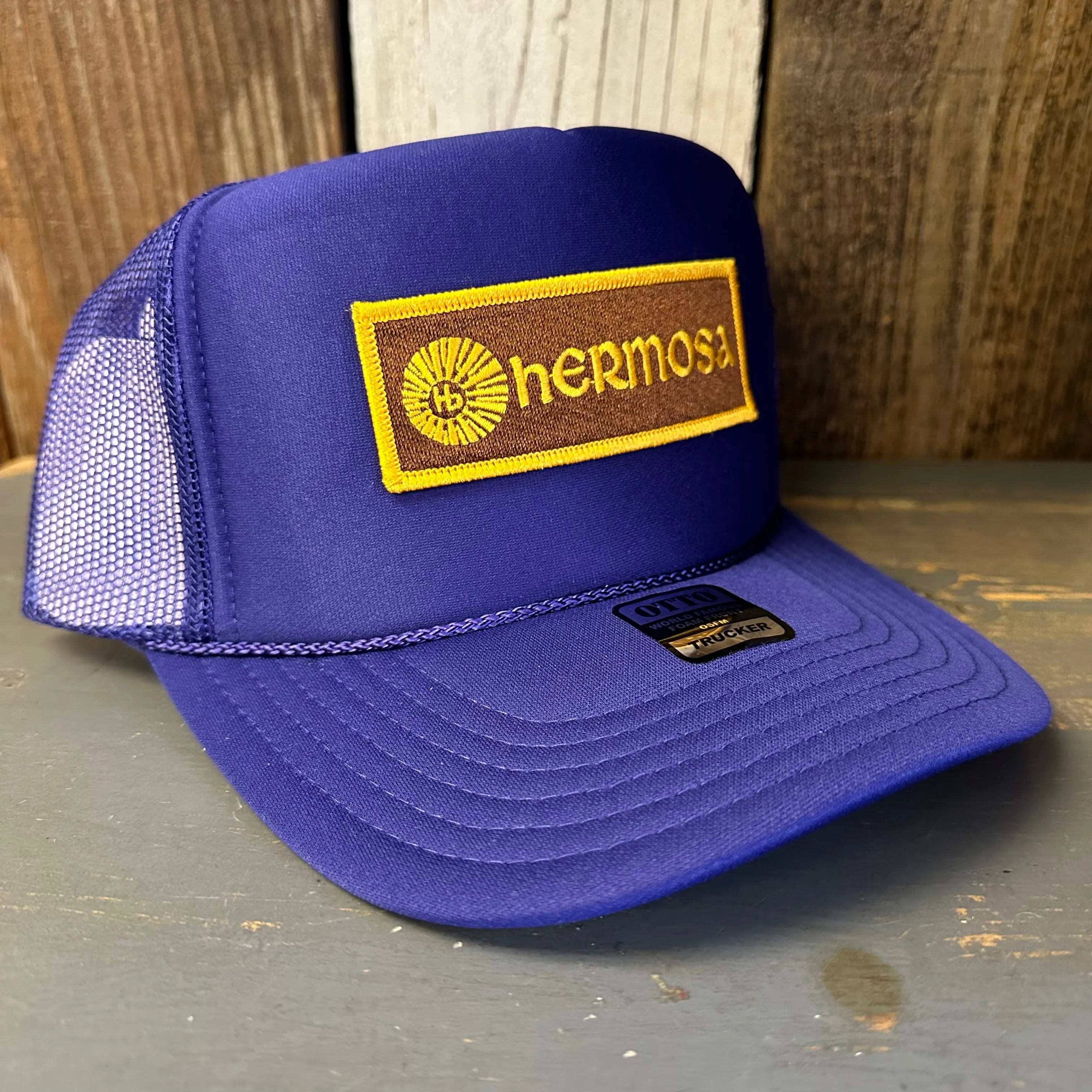 Hermosa Beach AS REAL AS THE STREETS High Crown Trucker Hat - Purple