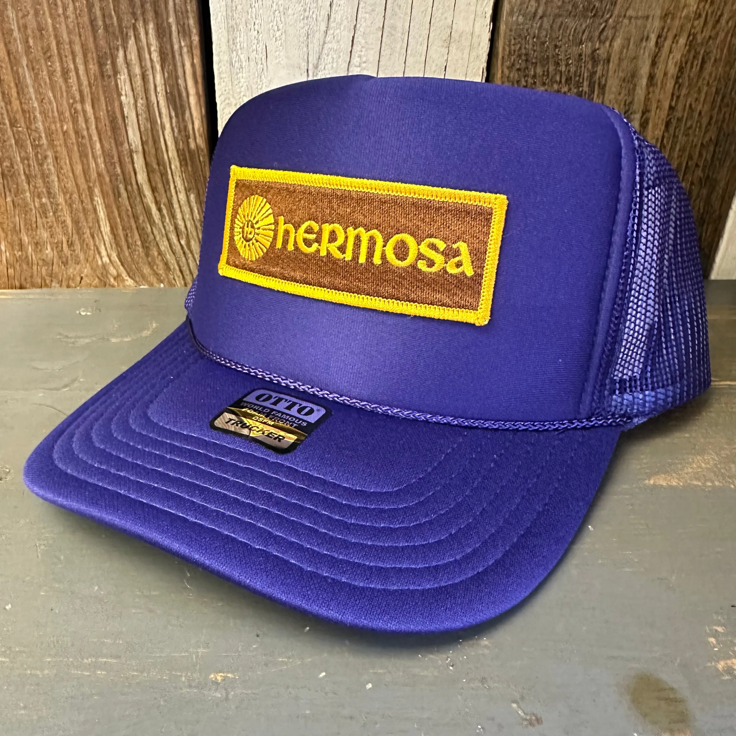 Hermosa Beach AS REAL AS THE STREETS High Crown Trucker Hat - Purple