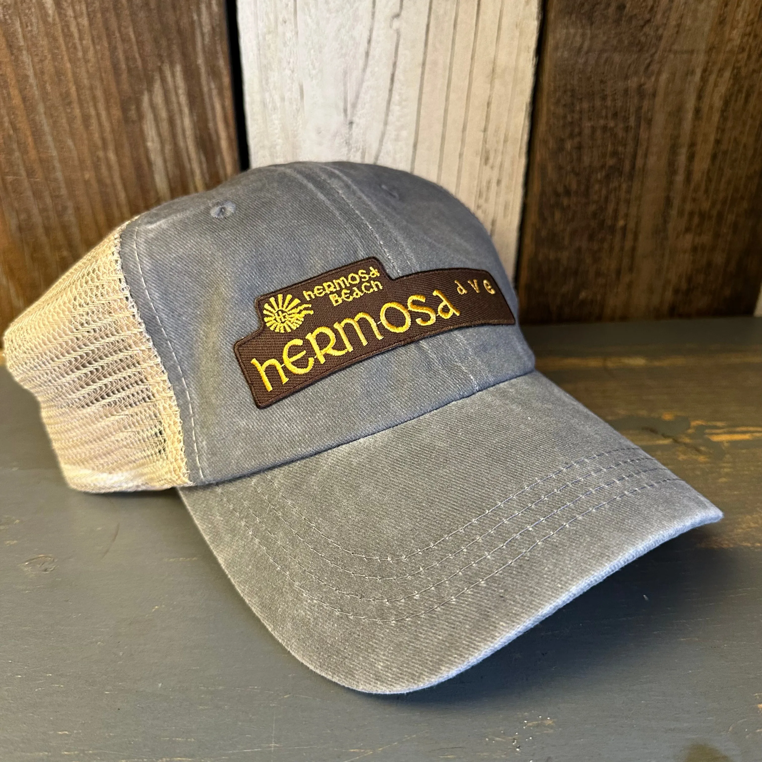 Hermosa Beach HERMOSA AVE 6 Panel Low Profile Mesh Hat - Light Grey/Khaki