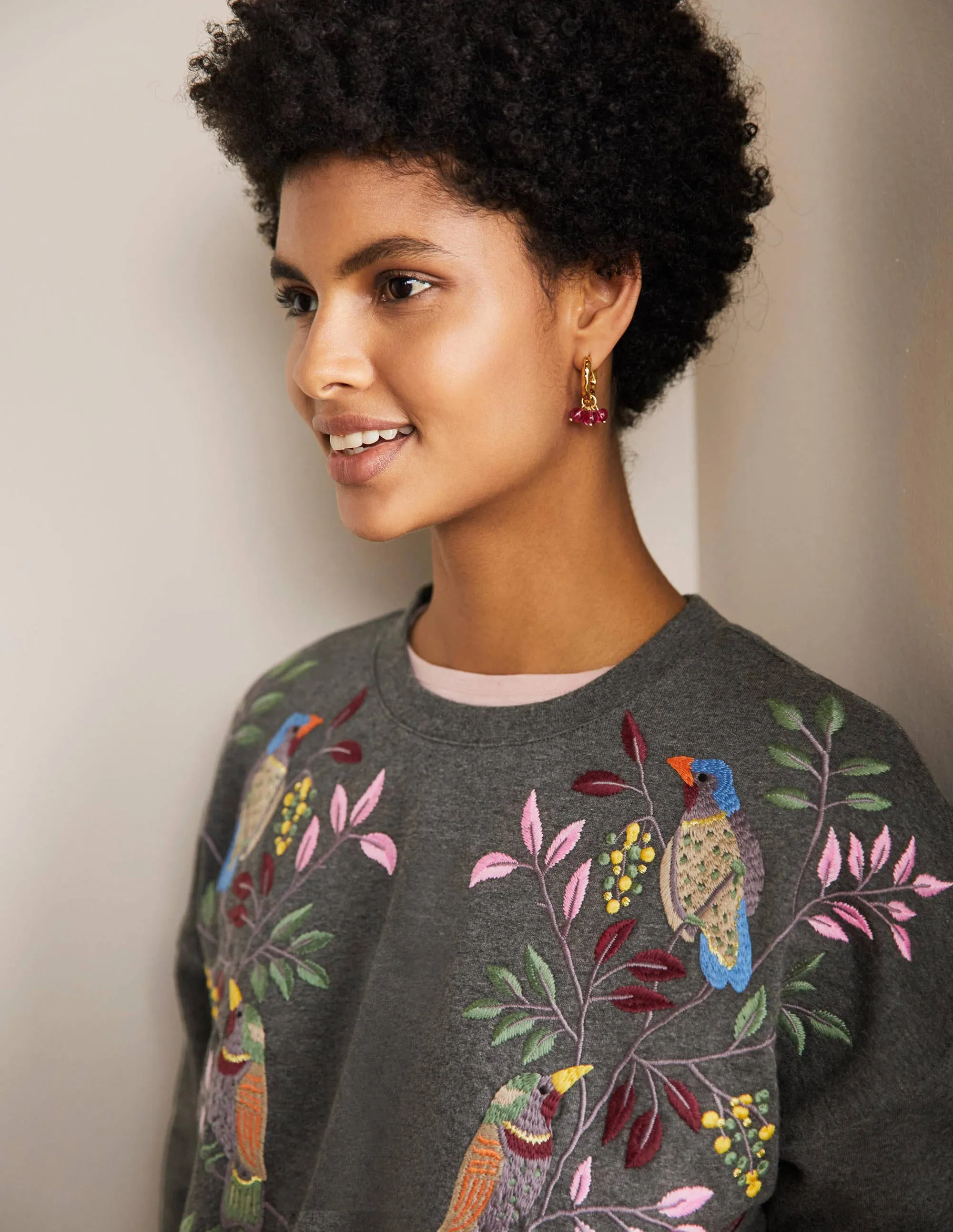 Interest Sweatshirt-Charcoal Marl Bird Embroidery