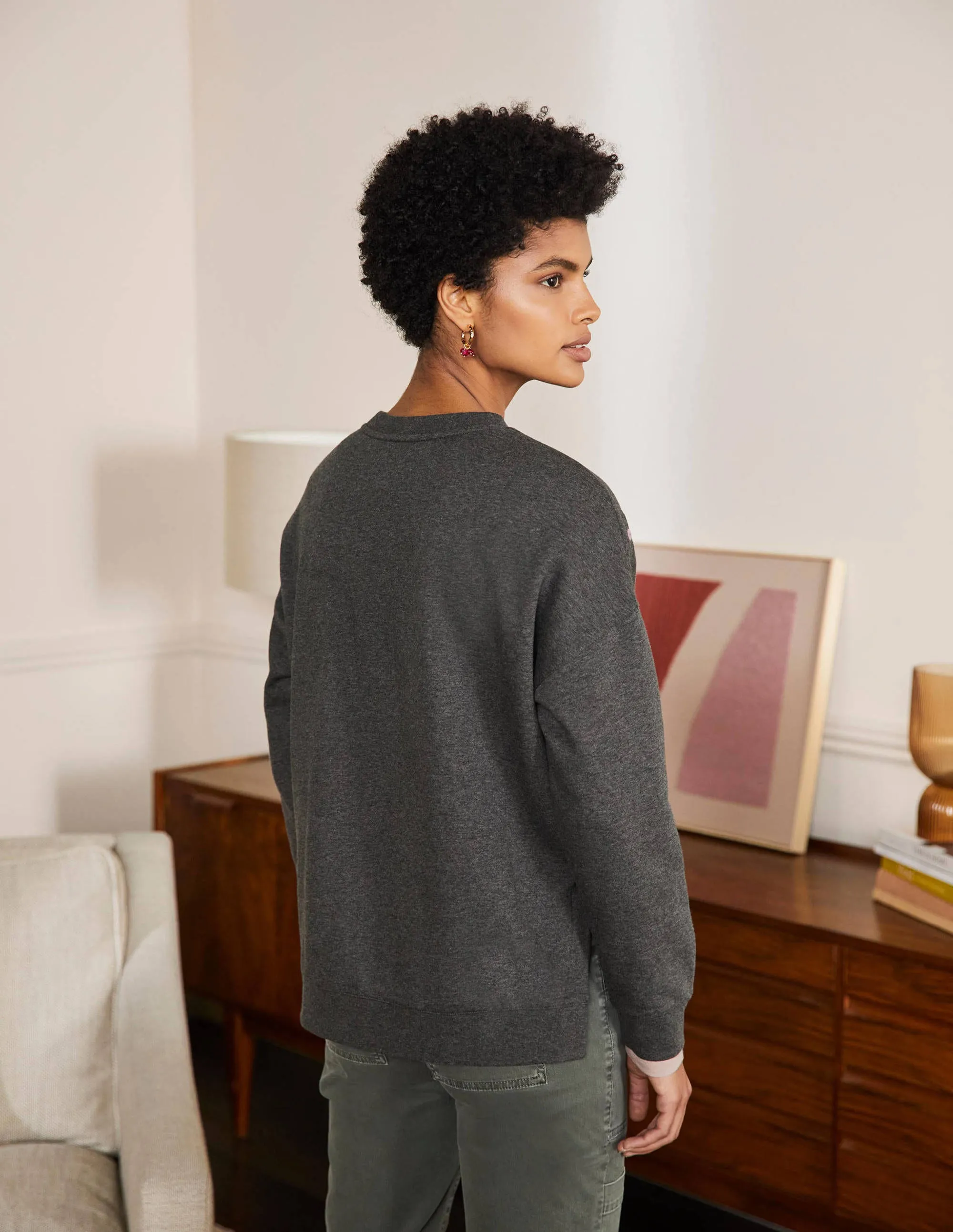 Interest Sweatshirt-Charcoal Marl Bird Embroidery
