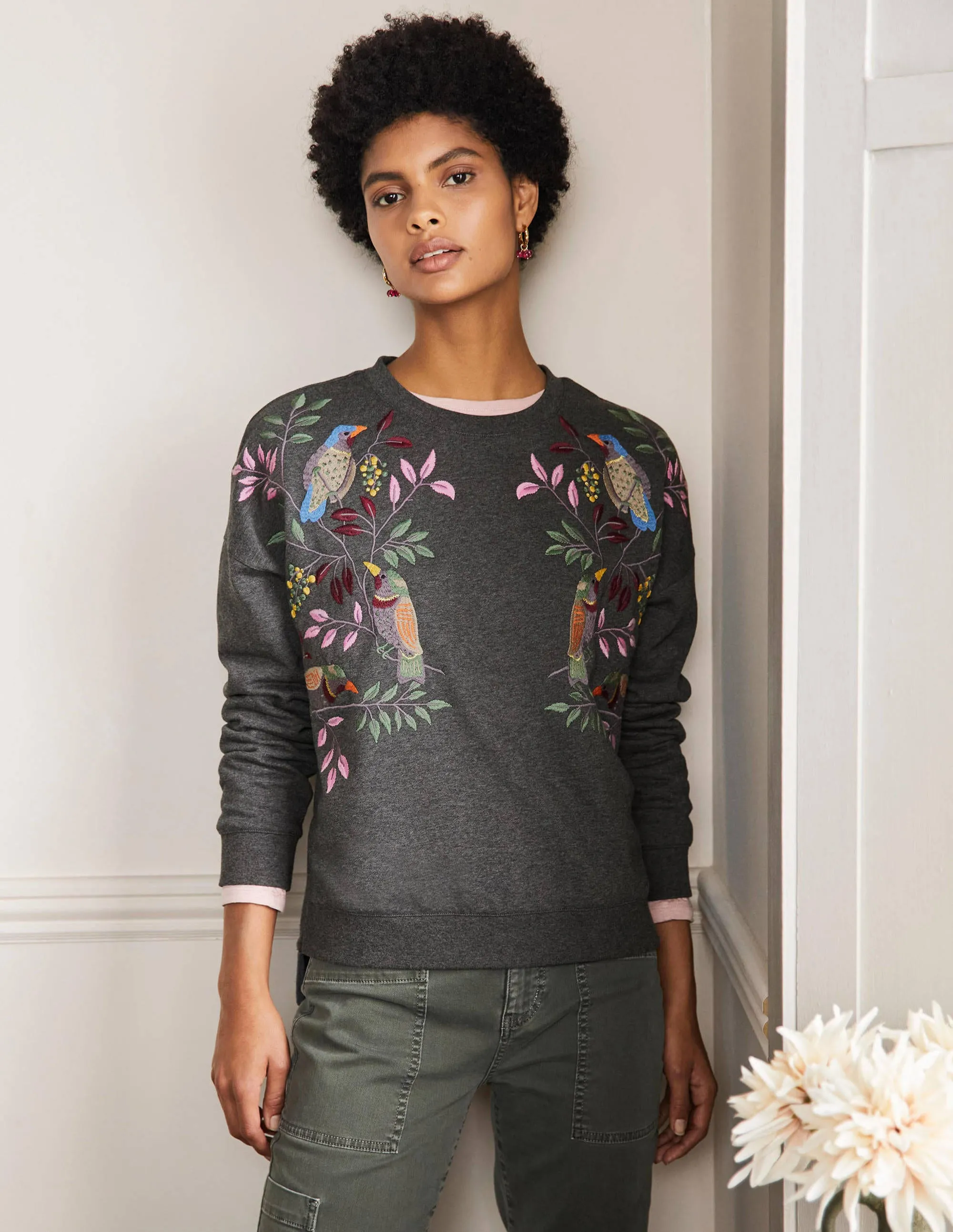 Interest Sweatshirt-Charcoal Marl Bird Embroidery