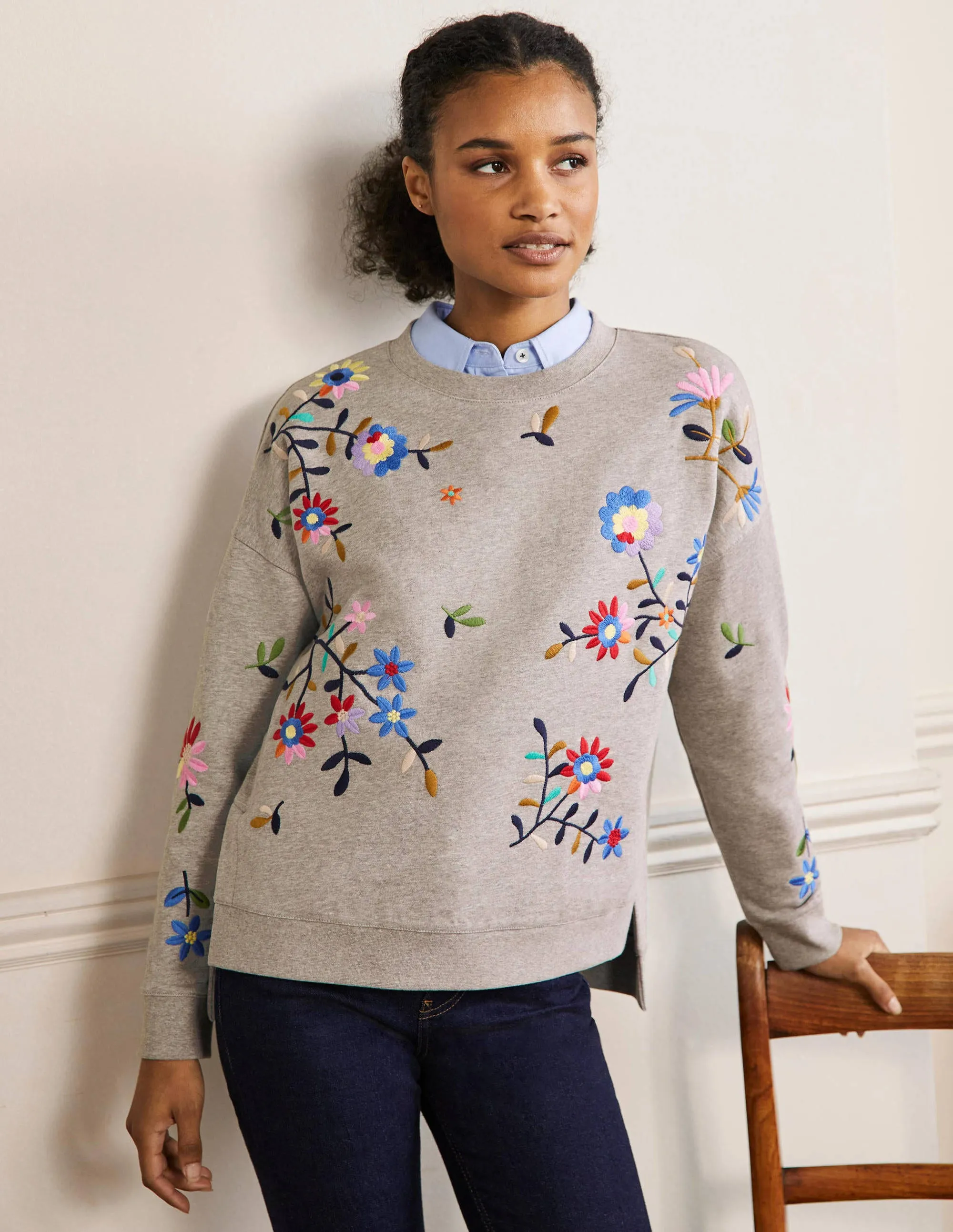 Interest Sweatshirt-Grey Marl, Multi Embroidery