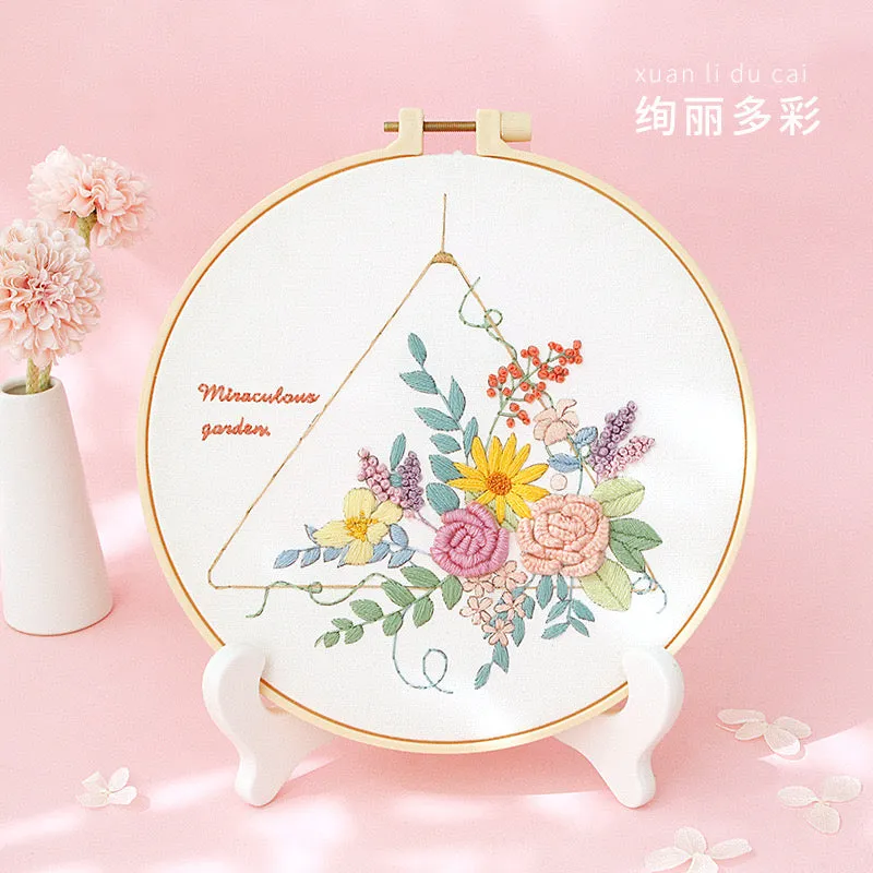 Pastel Floral Design Hand Embroidery DIY Kit 20cm