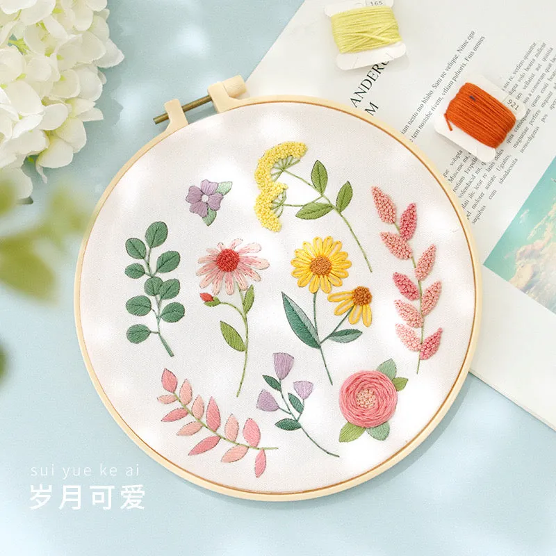 Pastel Floral Design Hand Embroidery DIY Kit 20cm