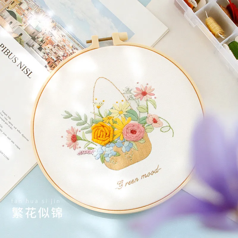 Pastel Floral Design Hand Embroidery DIY Kit 20cm