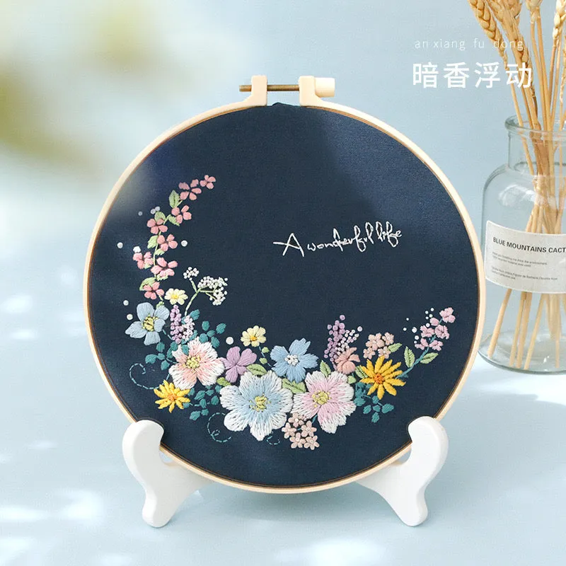 Pastel Floral Design Hand Embroidery DIY Kit 20cm