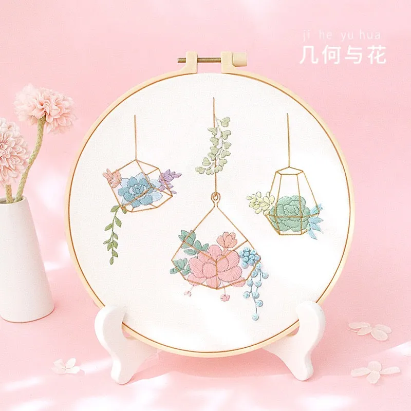 Pastel Floral Design Hand Embroidery DIY Kit 20cm