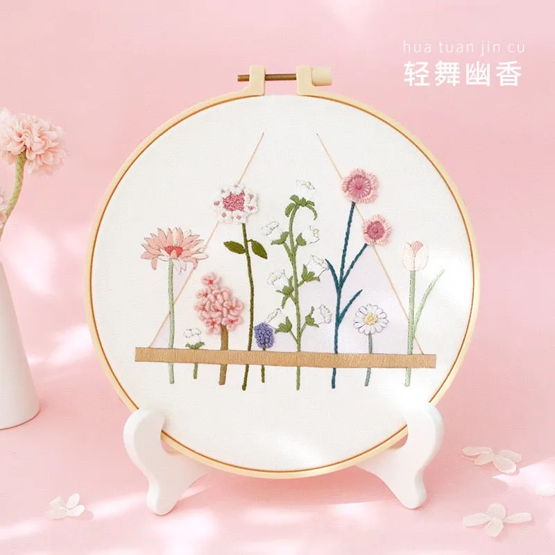 Pastel Floral Design Hand Embroidery DIY Kit 20cm
