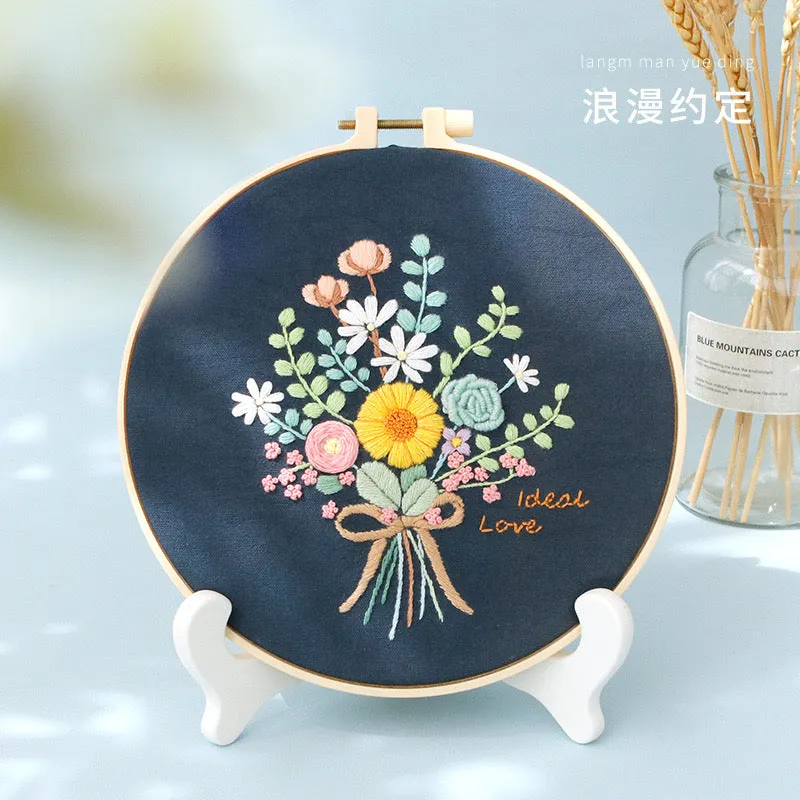 Pastel Floral Design Hand Embroidery DIY Kit 20cm