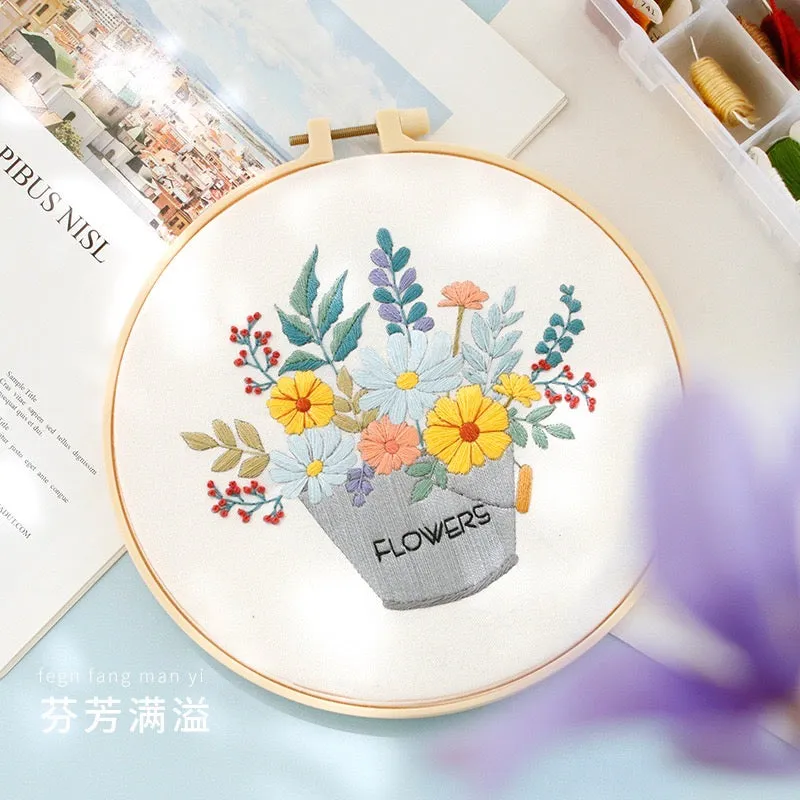Pastel Floral Design Hand Embroidery DIY Kit 20cm