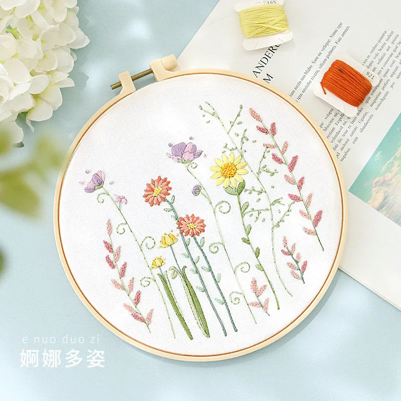 Pastel Floral Design Hand Embroidery DIY Kit 20cm