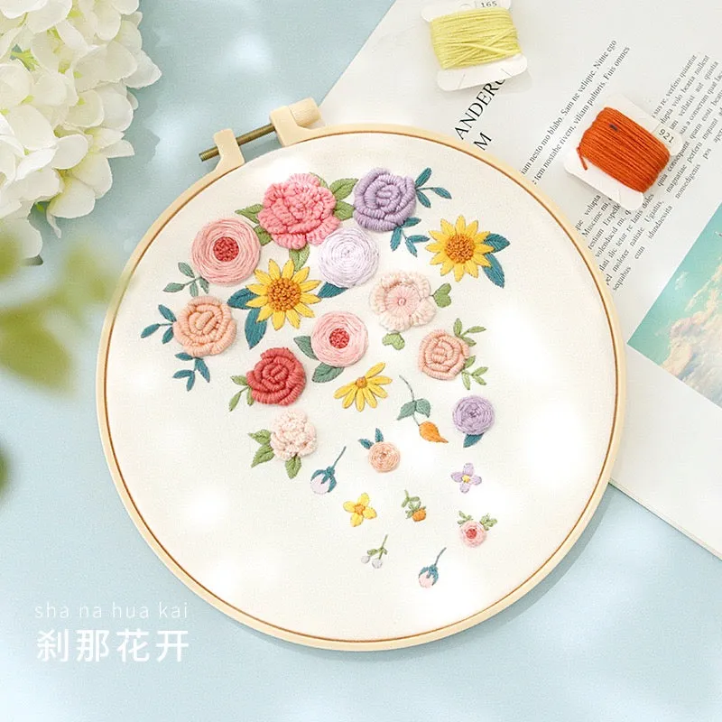 Pastel Floral Design Hand Embroidery DIY Kit 20cm