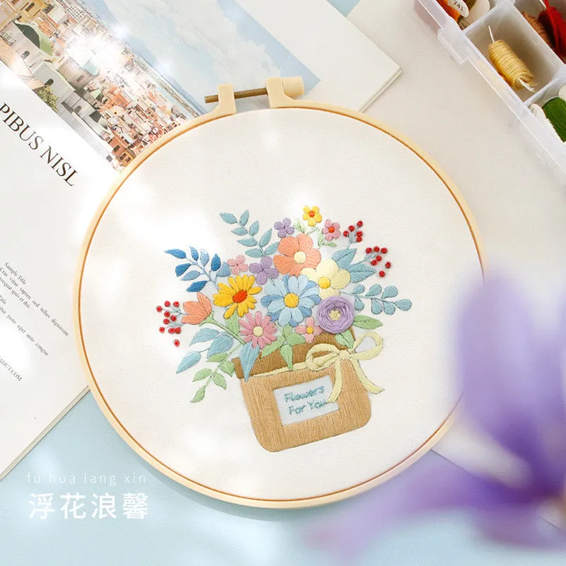 Pastel Floral Design Hand Embroidery DIY Kit 20cm