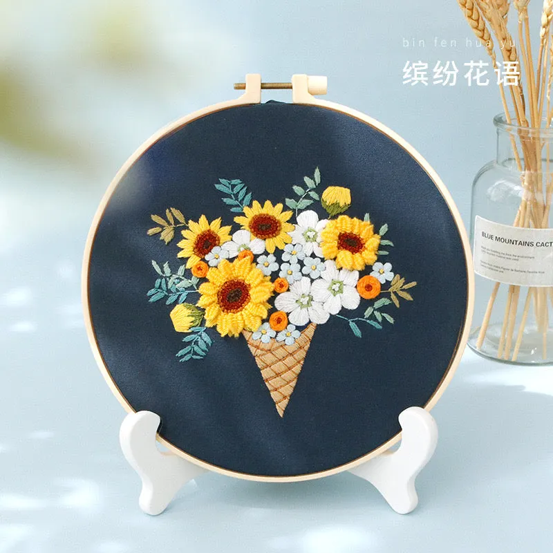 Pastel Floral Design Hand Embroidery DIY Kit 20cm