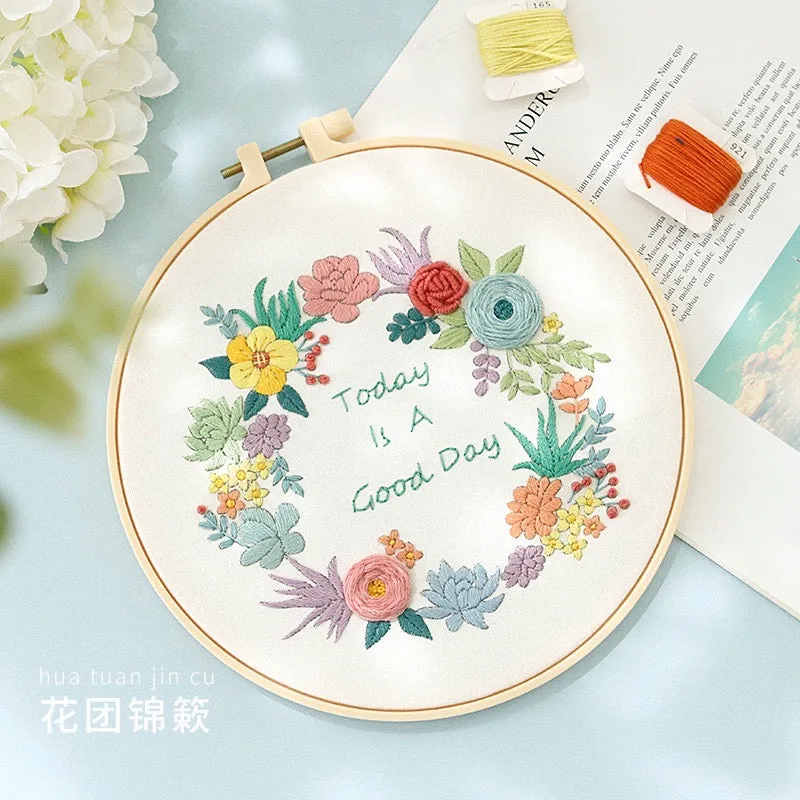 Pastel Floral Design Hand Embroidery DIY Kit 20cm