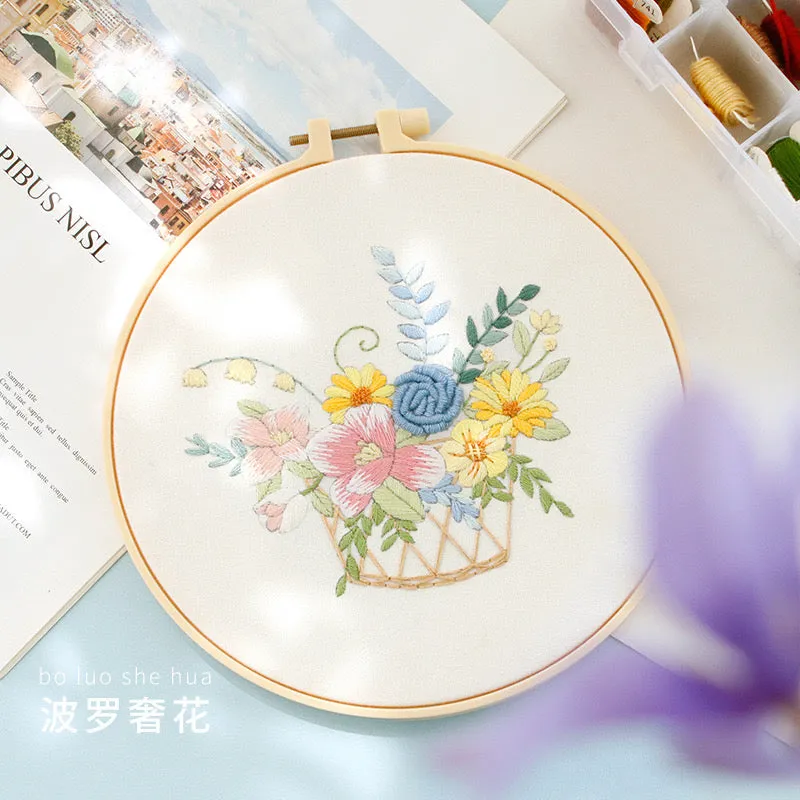 Pastel Floral Design Hand Embroidery DIY Kit 20cm