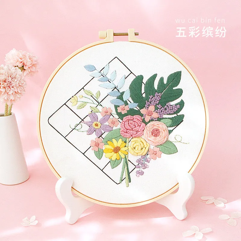 Pastel Floral Design Hand Embroidery DIY Kit 20cm