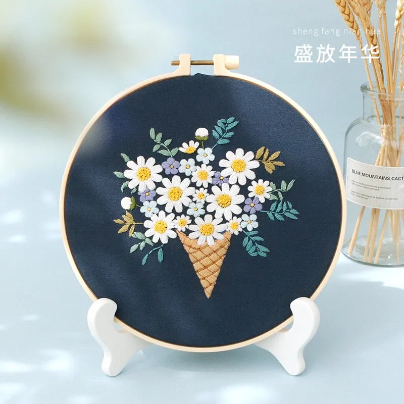 Pastel Floral Design Hand Embroidery DIY Kit 20cm