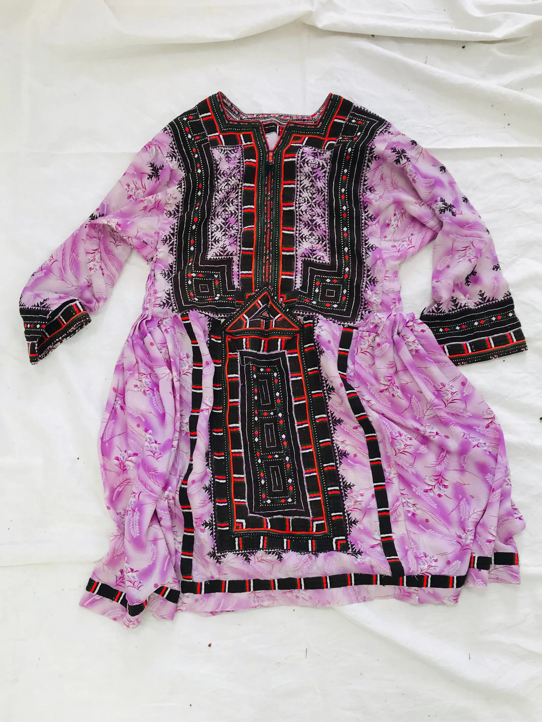 Vintage Balochi Hand-Embroidered Chiffon Dress. XS-M