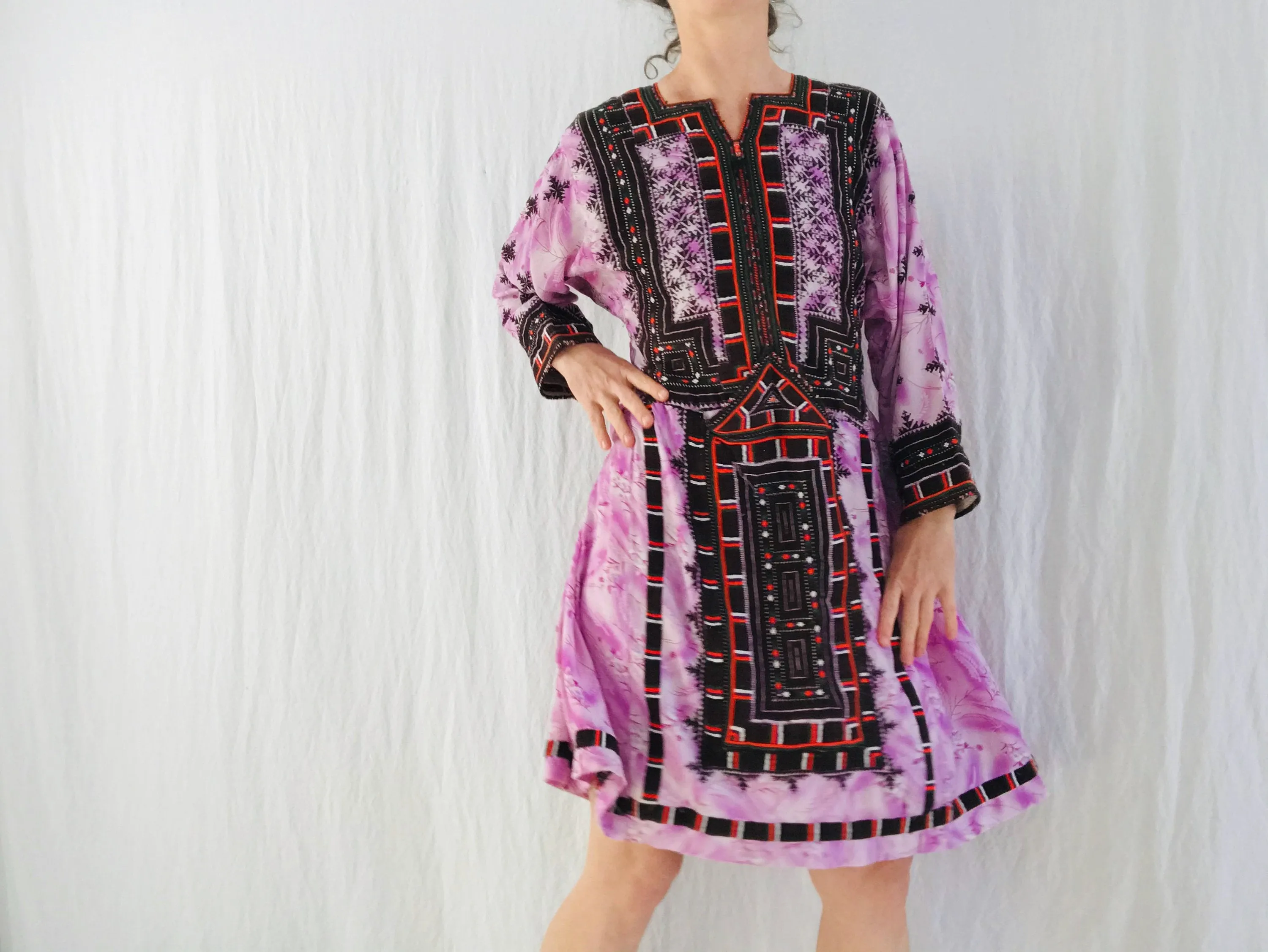 Vintage Balochi Hand-Embroidered Chiffon Dress. XS-M
