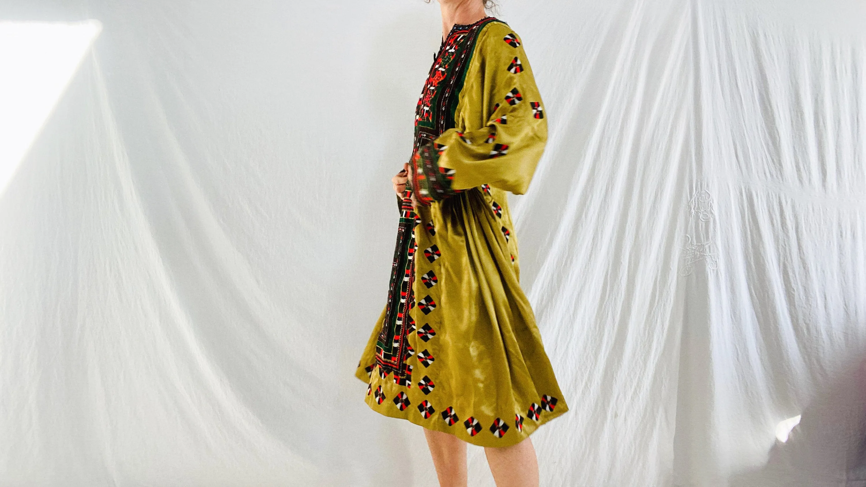 Vintage Balochi Hand-Embroidered Satin Dress. M-L